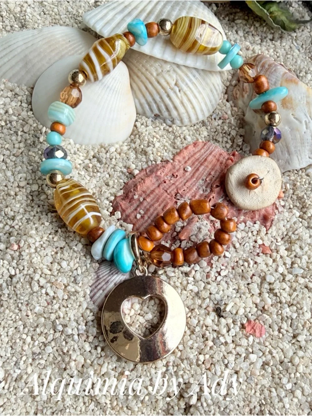 BOHO SUMMERTIME +Turquoise, Gold & Brown Beaded Bracelet with Heart Pendant 🐚